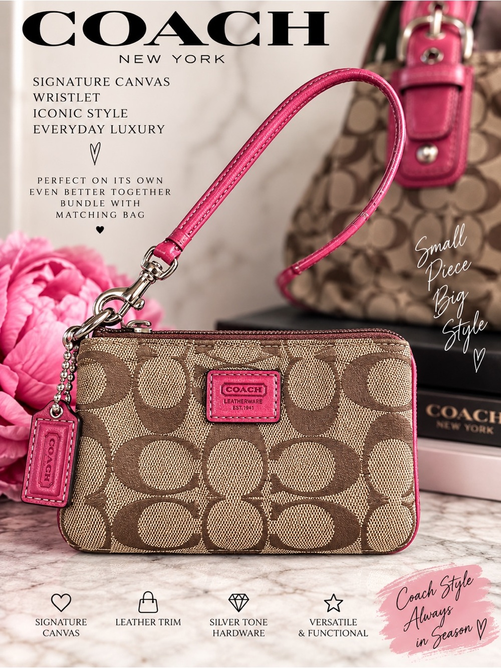 Coach Signature Canvas Wristlet with Pink Trim